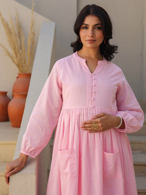 Light Pink Dobby Pure Cotton Self Design A-line Maternity Kurta Pant Set